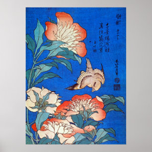 Pôster 鳥と芍薬, pássaro do 北斎 e peônia, Hokusa