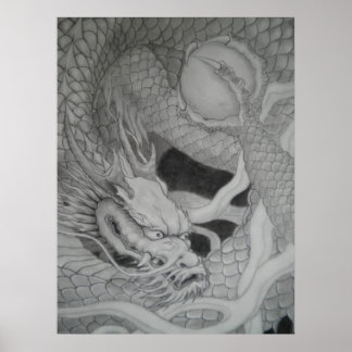 Poster 龍　dragon　水墨画　降り白龍