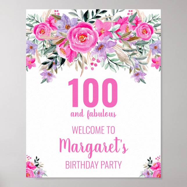 Poster 100 and fabulous pink elegant birthday party  (Frente)