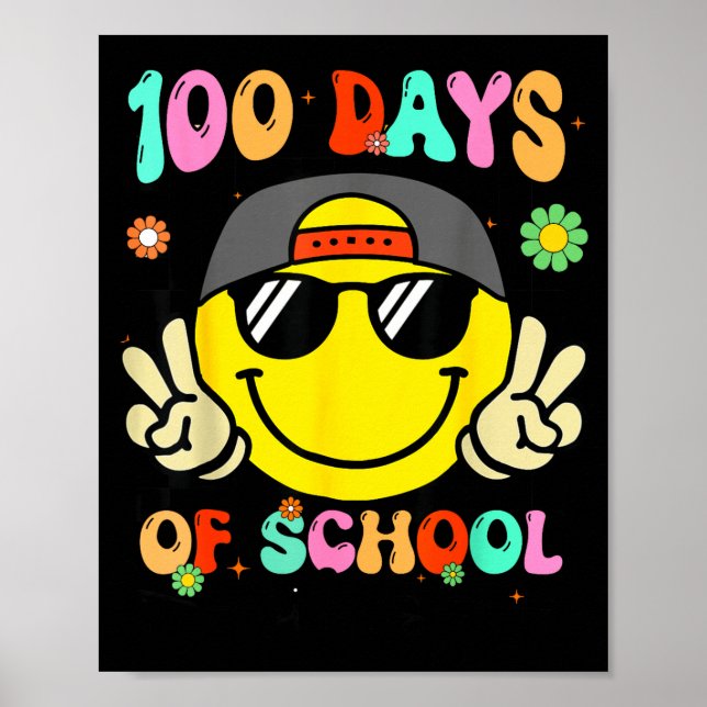 Poster 100 Days Of School 100th Day Smile Groovy Face Tea (Frente)