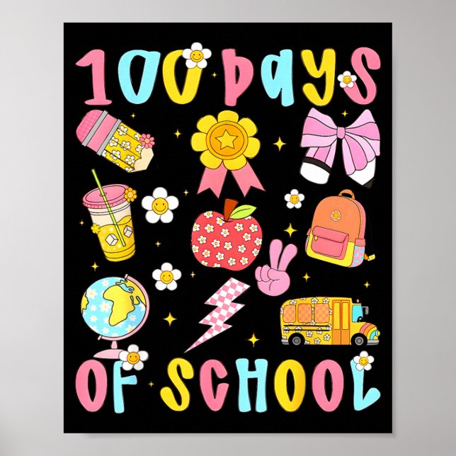 Poster 100 Days Of School Rainbow Bow Book Teacher Girl W (Frente)
