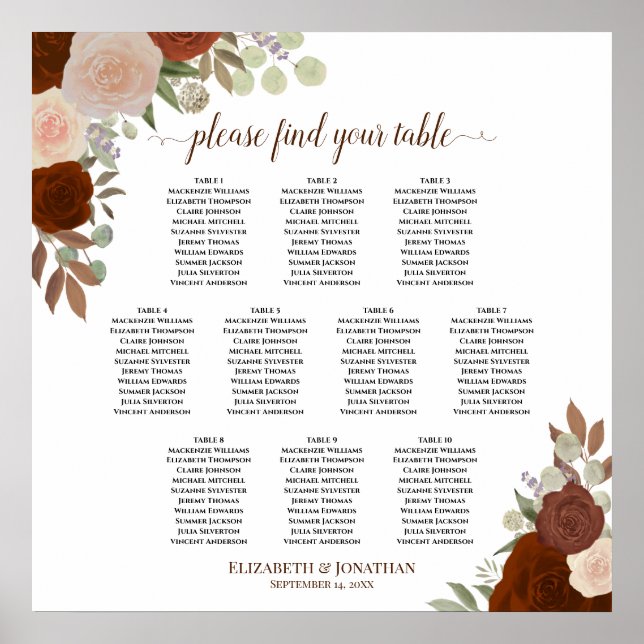 Poster 10 Gráfico de Casamento de Rosas Laranja Mesa (Frente)