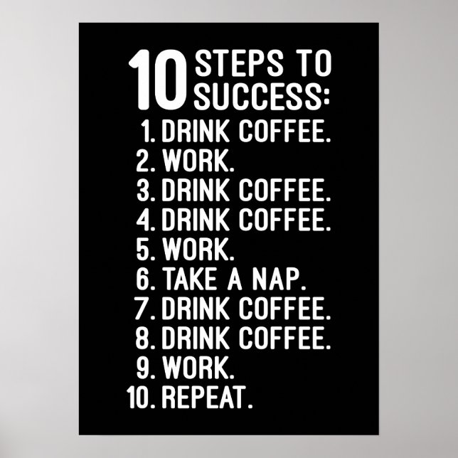 Poster 10 passos para o sucesso - café, trabalho, repetir (Frente)
