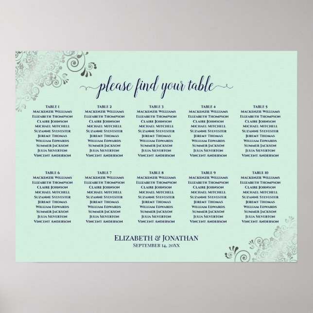 Poster 10 Table Wedding Seating Chart Mint Green & Navy (Frente)