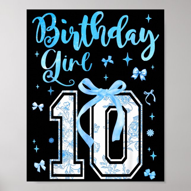 Poster 10th Birthday Girl Blue Toile Coquette Bow 10 Year (Frente)