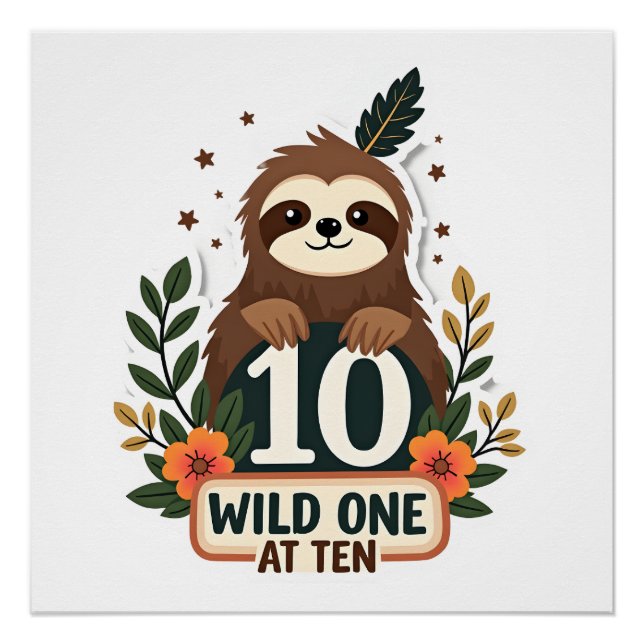 Pôster 10th Birthday Sloth Vintage Wild One Shirt (Frente)