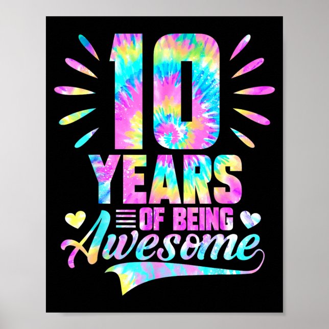 Poster 10th Birthday Tie-dye 10 Year Of Being Awesome  (Frente)