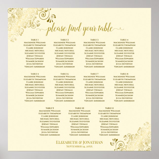 Poster 11 Table Gold Lace Wedding Seating Chart Cream (Frente)