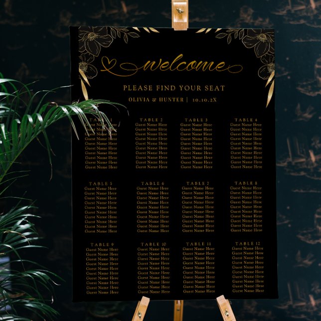 Poster 12 Conselho de Gráfico de Casamento Negra Elegante (Black and Gold Floral Wedding seating chart)