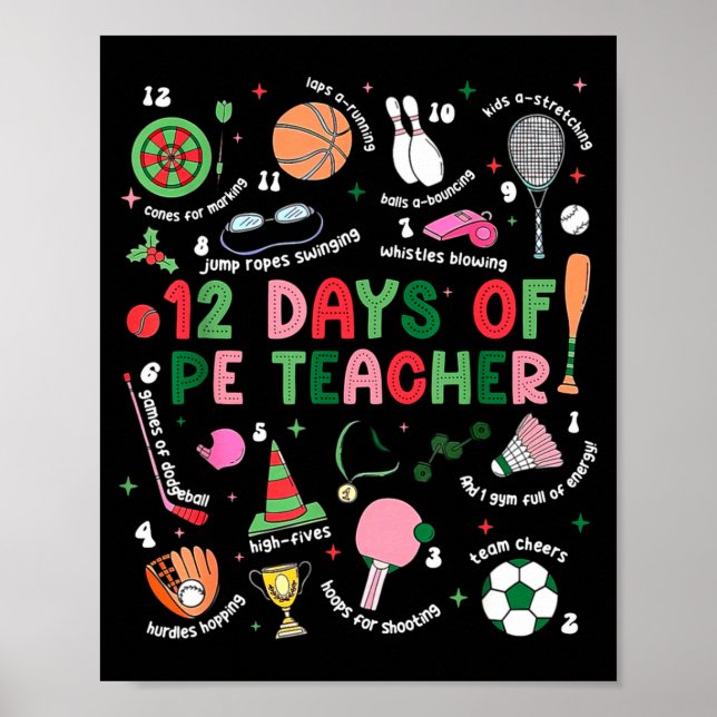 Poster 12 Days Of Pe Teacher Physical Education Gym Coach (Frente)