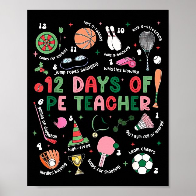 Poster 12 Days Of Pe Teacher Physical Education Gym Coach (Frente)