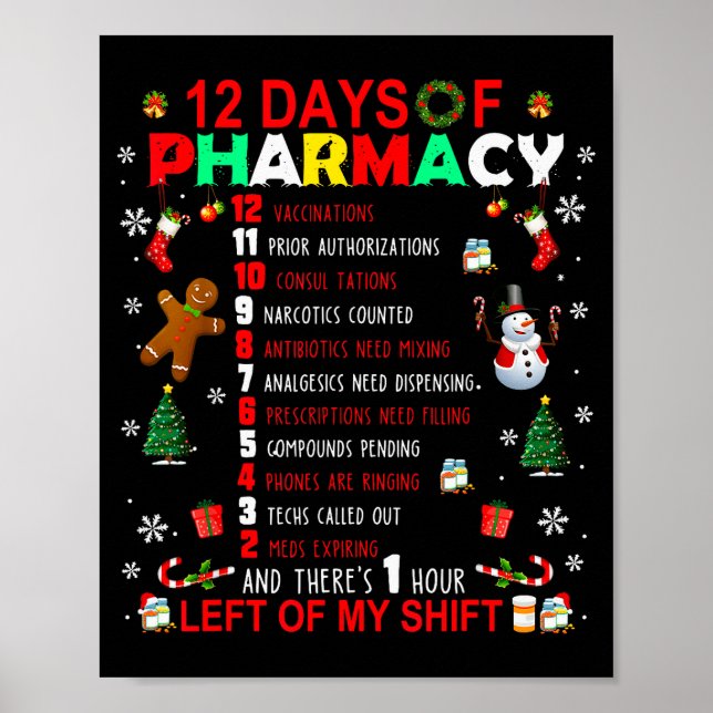 Poster 12 Days Of Pharmacy Funny Christmas Pharmacist Tec (Frente)
