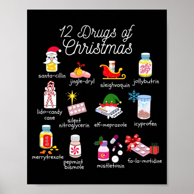 Poster 12 Drugs Of Christmas Pharmacist Technician Pharma (Frente)