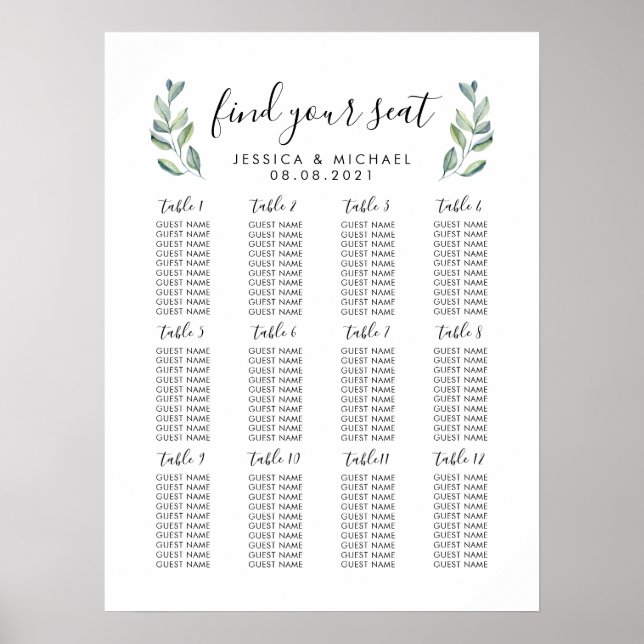 Poster 12 Gráfico de Assentos Convidados de Casamento Gra (Frente)