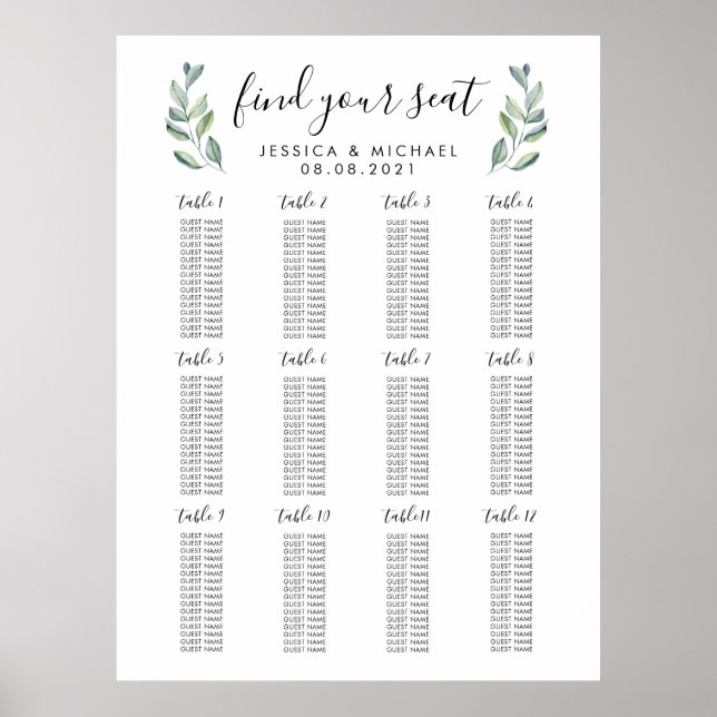 Poster 12 Mesa Casamento Grande 192 Guest Sentado Gráfico (Frente)