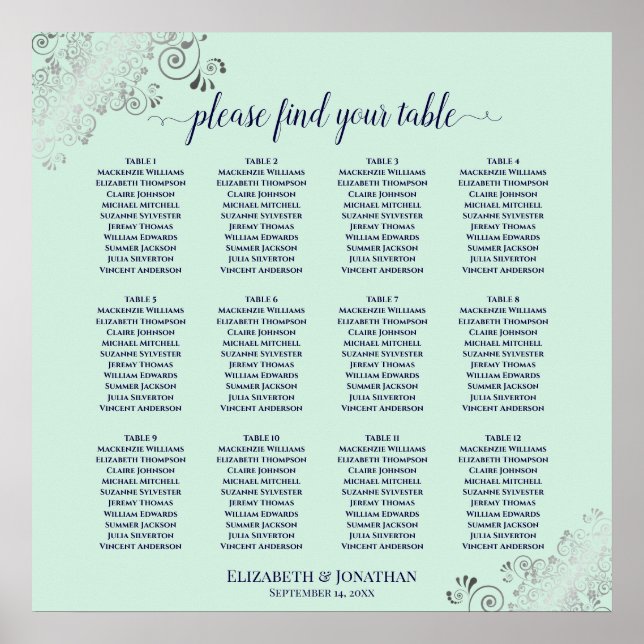 Poster 12 Mesa Mint Green & Marinho Wedding Seating Chart (Frente)