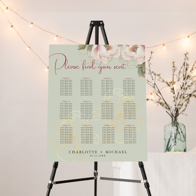 Poster 12 Mesa Sage & Blush Floral Wedding Seating Chart (Criador carregado)