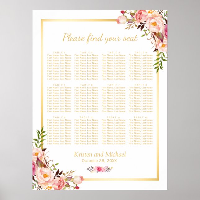 Pôster 12 Tables Wedding Seating Chart Chic Floral Gold (Frente)