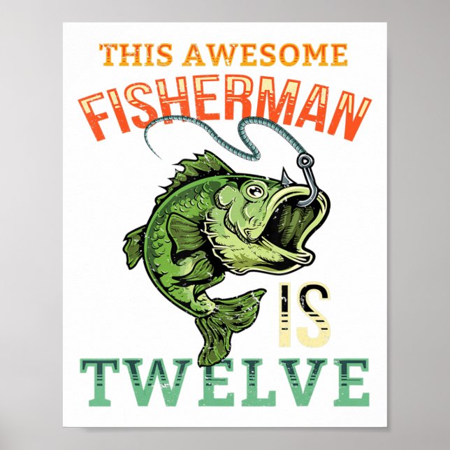 Poster 12th Birthday Fishing Gift Bass Fish Bday Party Fi (Frente)