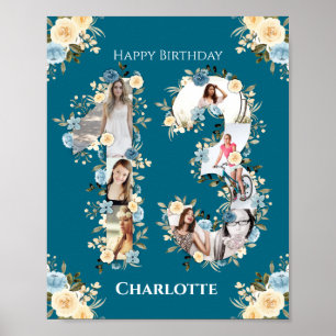 Poster 13 Birthday Teal Photo Collage Yellow Flower