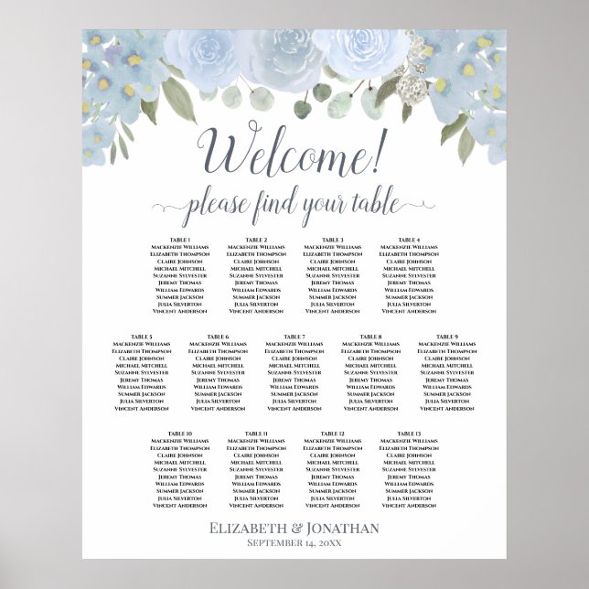 Poster 13 Table Dusty Blue Floral Wedding Seating Chart (Frente)
