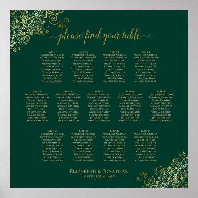 Poster 13 Table Emerald Green Wedding Seating Chart Gold (Frente)