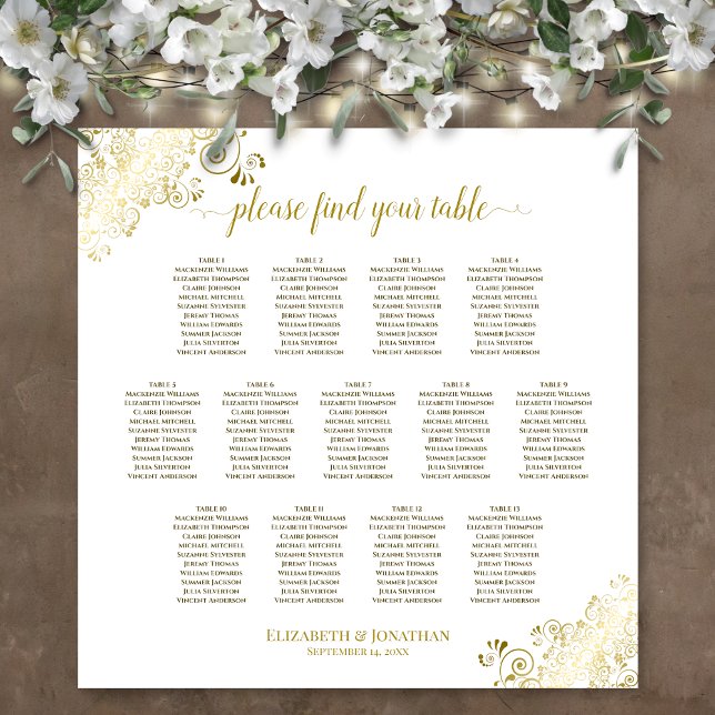 Poster 13 Table Gold Frills White Wedding Seating Chart (In Situ on Wall with Decorations)