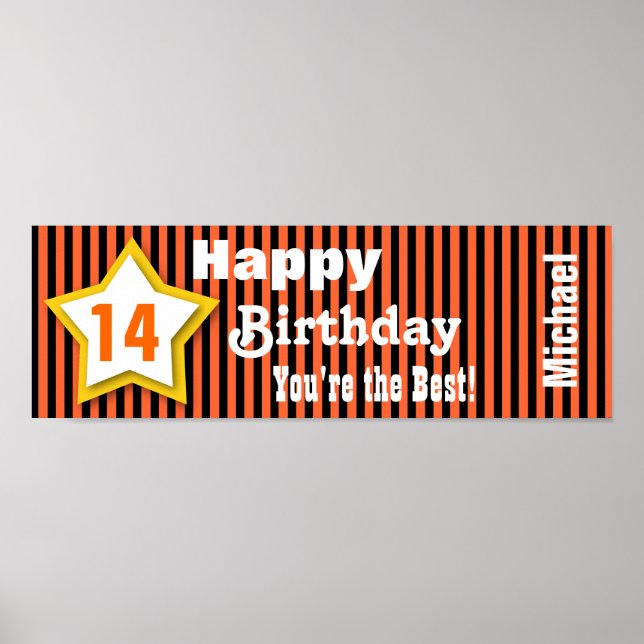 Pôster 14 Birthday Star Banner Personalizado S04A ORANGE (Frente)