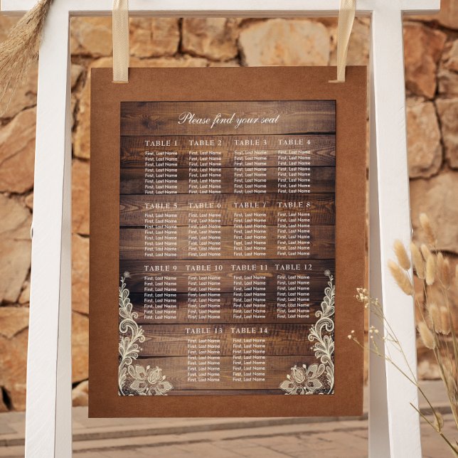 Poster 14 Gráfico de Casamentos de Madeira e Locais Russo (14 Tables Rustic Wood & Lace Wedding Seating Chart)