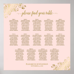 Poster 14 Table Blush Pink & Gold Wedding Seating Chart