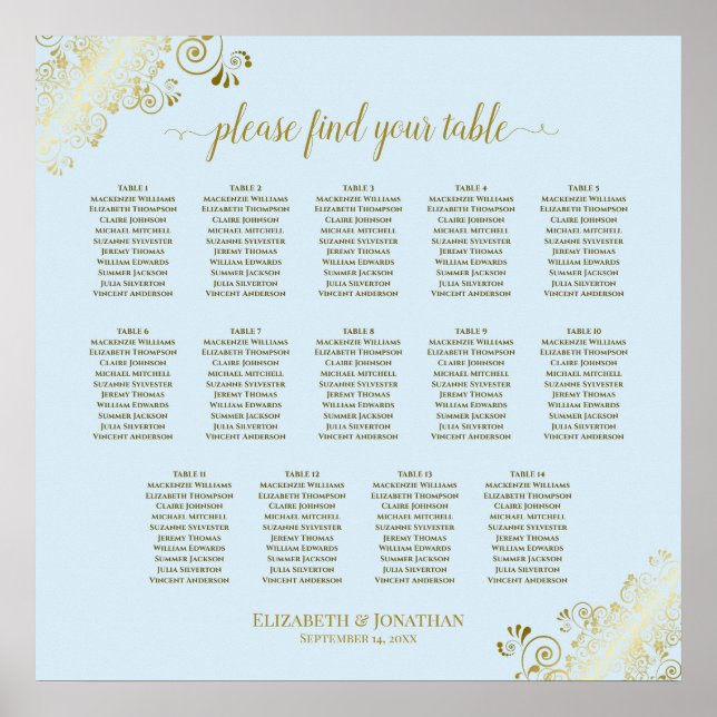 Poster 14 Table Powder Blue & Gold Wedding Seating Chart (Frente)