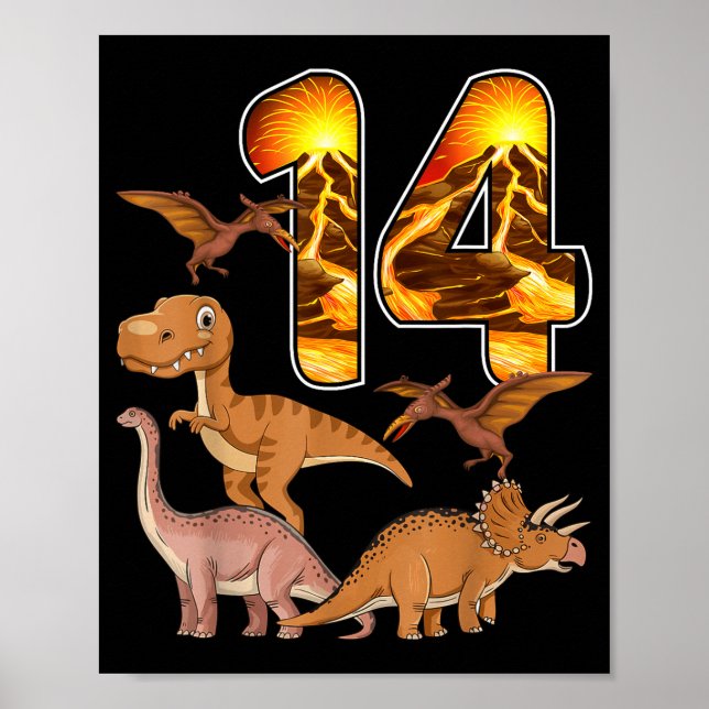 Poster 14th Birthday Dinosaur T-rex 14 Years Old Birthday (Frente)