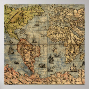 Pôster 1565 Mapa Antigo do Mundo de Forlani Cartografia V