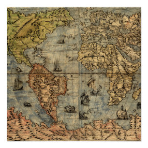 Pôster 1565 Mapa Antigo do Mundo de Forlani Cartografia V