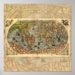 Pôster 1565 Mapa Antigo do Mundo de Forlani Cartografia V