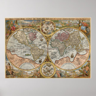 Poster 1594 Orbis Terrarum Typus Double Hemisfério Mundo