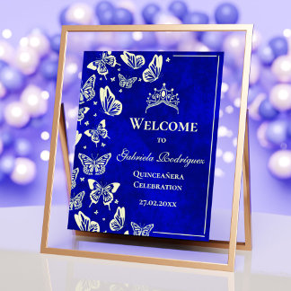 Poster 15 Azul Real Dourado Birthday Quinceañera Bem-vind