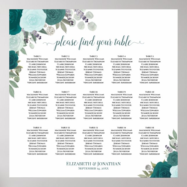 Poster 15 Gráfico de Casamento de Rosas Teais Elegantes M (Frente)