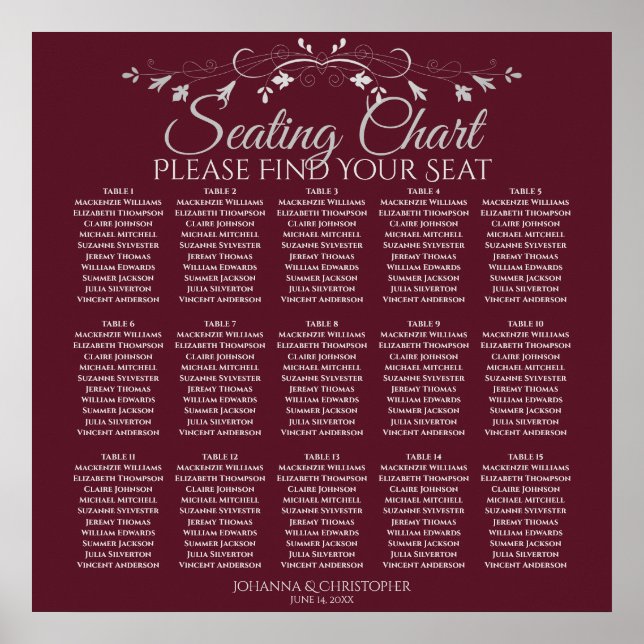 Poster 15 Table Elegant Burgundy Wedding Seating Chart (Frente)