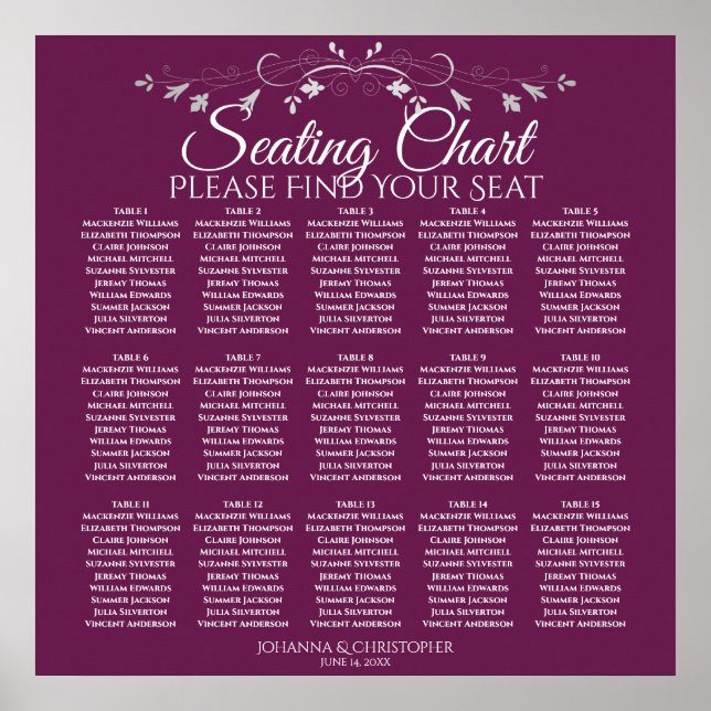 Poster 15 Table Elegant Magenta Wedding Seating Chart (Frente)