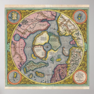 Poster 1606 Mapa Mercator Hondius do Ártico