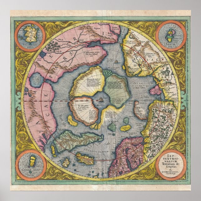 Poster 1606 Mapa Mercator Hondius do Ártico (Frente)