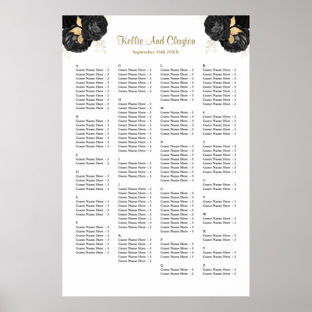 Poster 160 Black And Gold Floral Wedding Seating Chart (Frente)