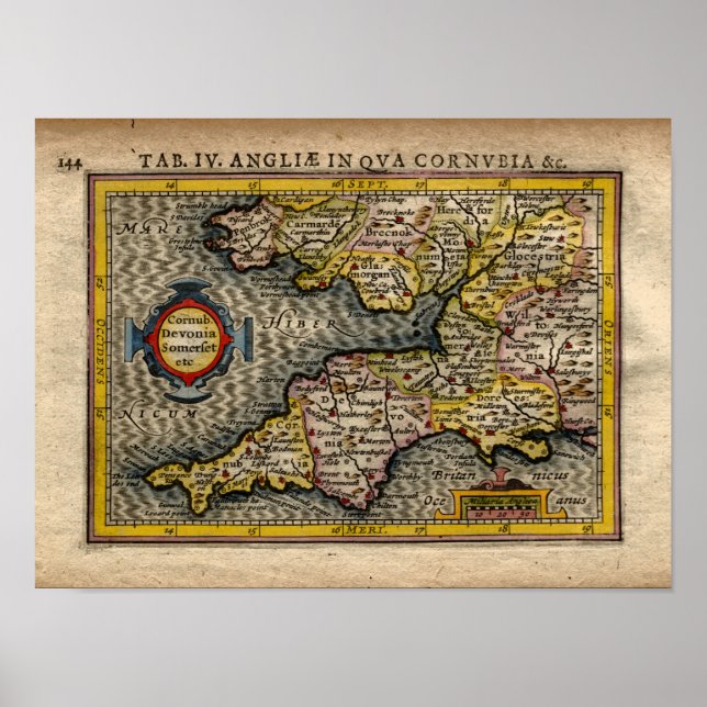 Pôster 1610 Mapa da Cornualha, Devon, Somerset, etc... (Frente)