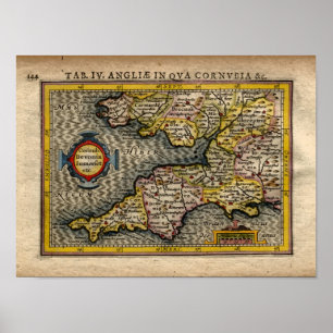 Pôster 1610 Mapa de Cornwall, Devon, Somerset, etc...