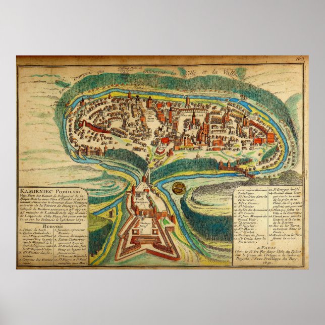 Poster 1691 Mapa francês da cidade de Kamianets Podilskyi (Frente)
