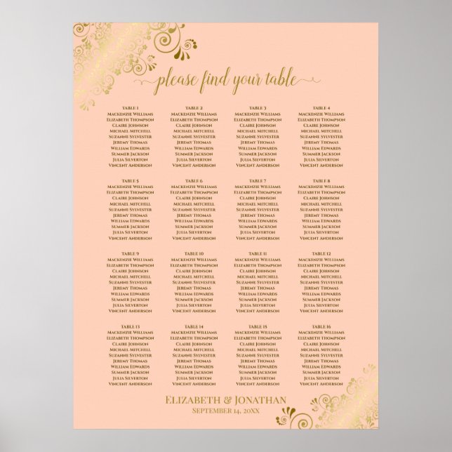 Poster 16 Mesa Coral Peach & Dourado Casamento (Frente)