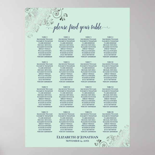 Poster 16 Mesa Mint Green & Marinho Wedding Seating Chart (Frente)