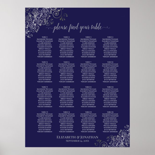 Poster 16 Mesa Prata no Marinho Blue Wedding Seating Char (Frente)