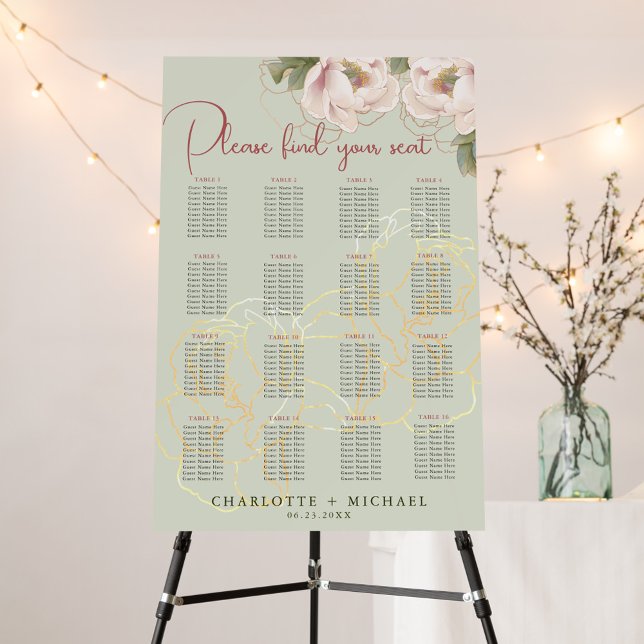 Poster 16 Mesa Sage & Blush Floral Wedding Seating Chart (Criador carregado)